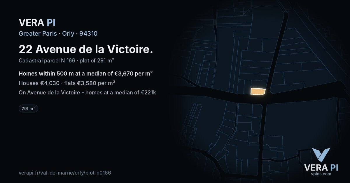 22 Avenue de la Victoire, Orly at night – the plot lit, the parcels around coloured by the prices near them