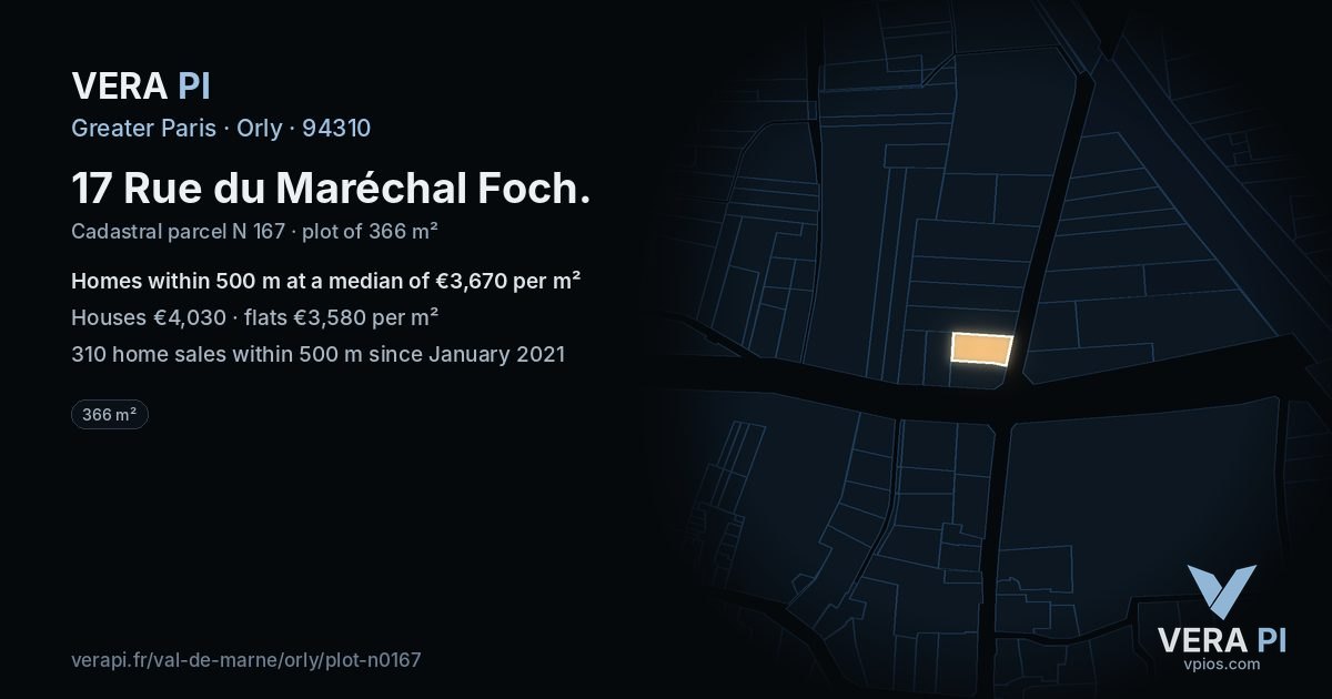 17 Rue du Maréchal Foch, Orly at night – the plot lit, the parcels around coloured by the prices near them