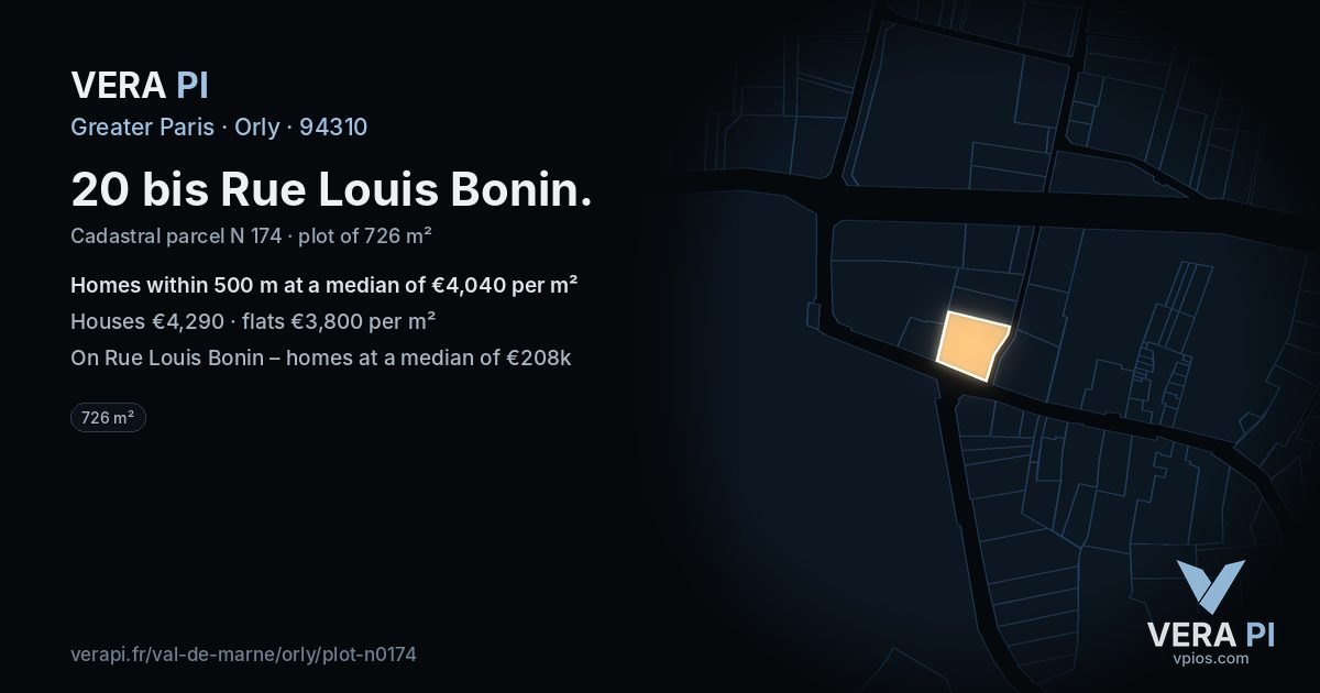 20 bis Rue Louis Bonin, Orly at night – the plot lit, the parcels around coloured by the prices near them