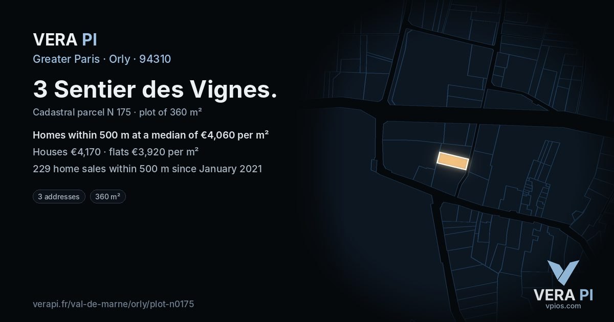 3 Sentier des Vignes, Orly at night – the plot lit, the parcels around coloured by the prices near them