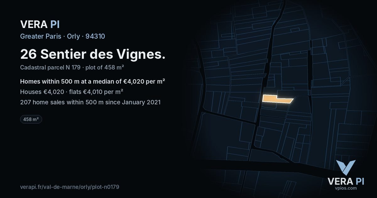 26 Sentier des Vignes, Orly at night – the plot lit, the parcels around coloured by the prices near them