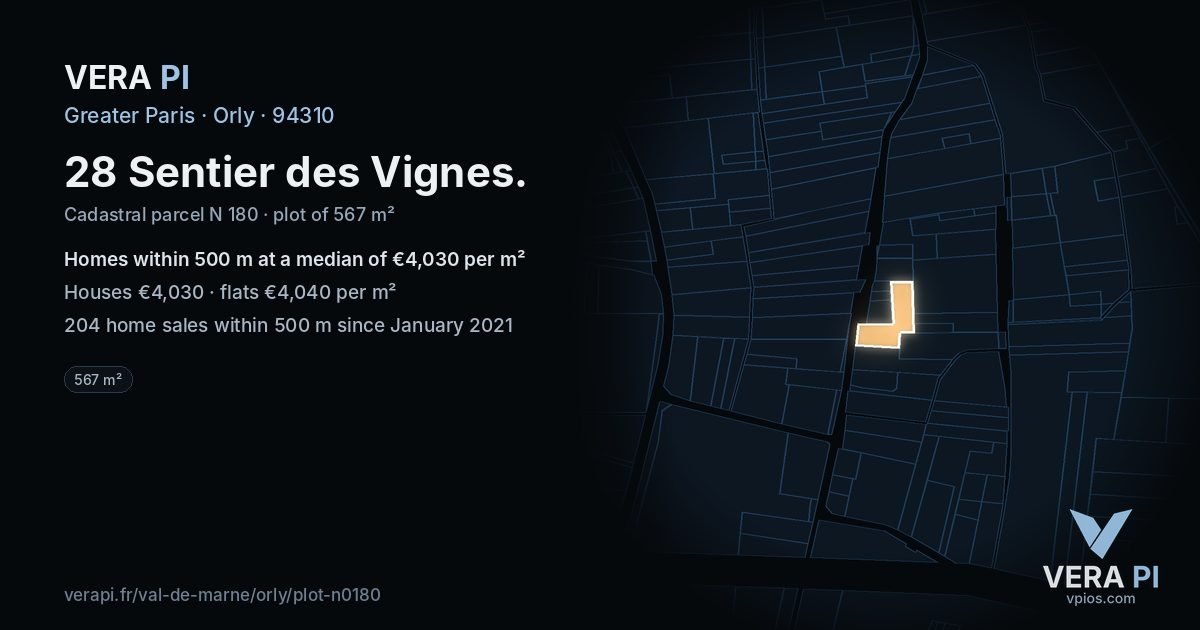 28 Sentier des Vignes, Orly at night – the plot lit, the parcels around coloured by the prices near them