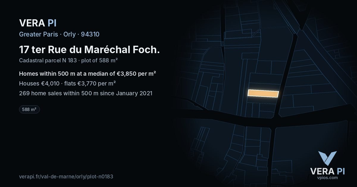 17 ter Rue du Maréchal Foch, Orly at night – the plot lit, the parcels around coloured by the prices near them