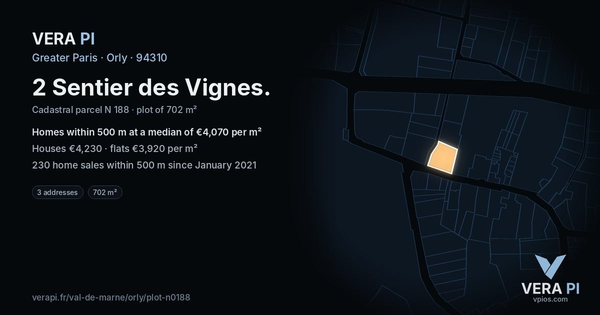 2 Sentier des Vignes, Orly at night – the plot lit, the parcels around coloured by the prices near them