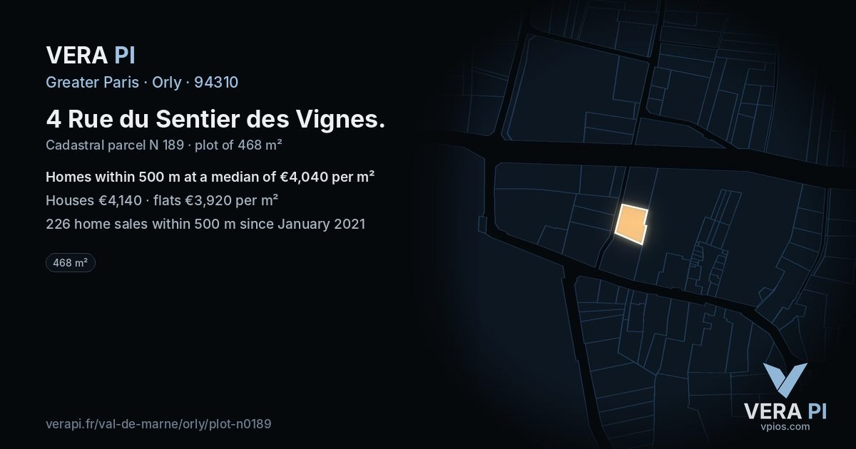 4 Rue du Sentier des Vignes, Orly at night – the plot lit, the parcels around coloured by the prices near them