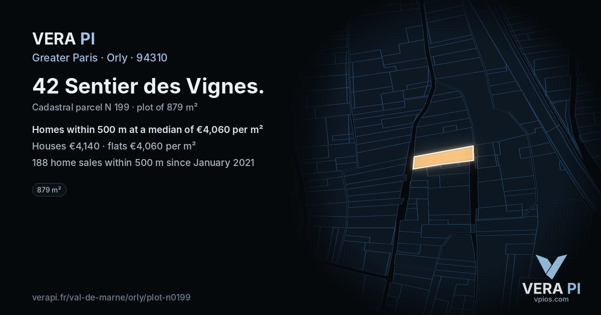 42 Sentier des Vignes, Orly at night – the plot lit, the parcels around coloured by the prices near them