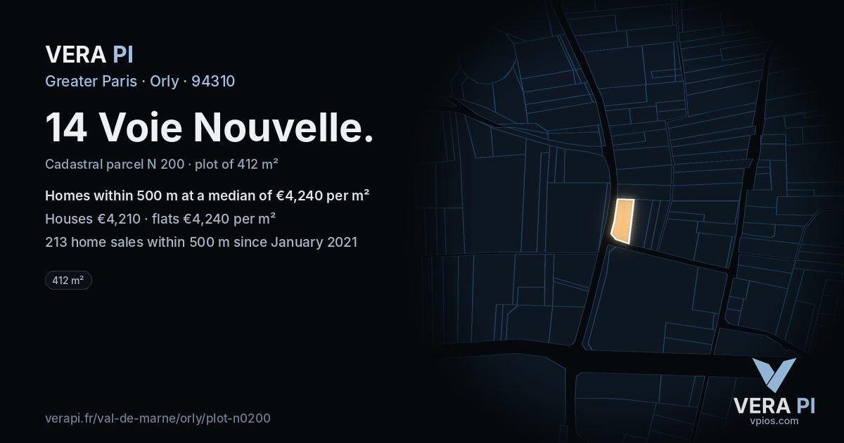 14 Voie Nouvelle, Orly at night – the plot lit, the parcels around coloured by the prices near them