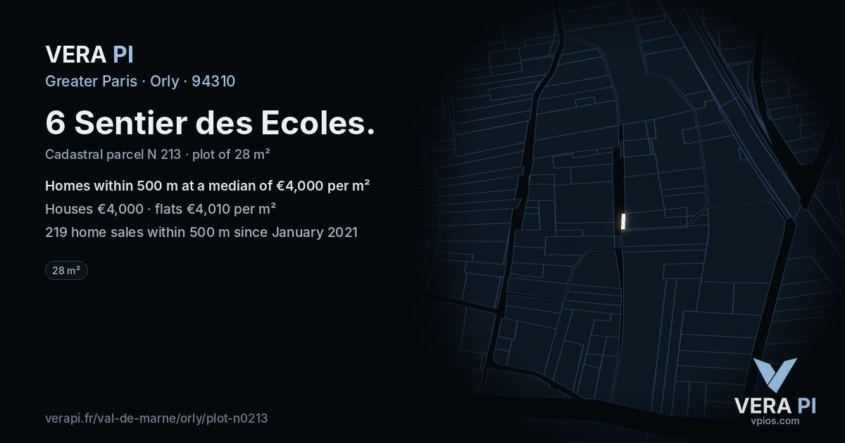 6 Sentier des Ecoles, Orly at night – the plot lit, the parcels around coloured by the prices near them
