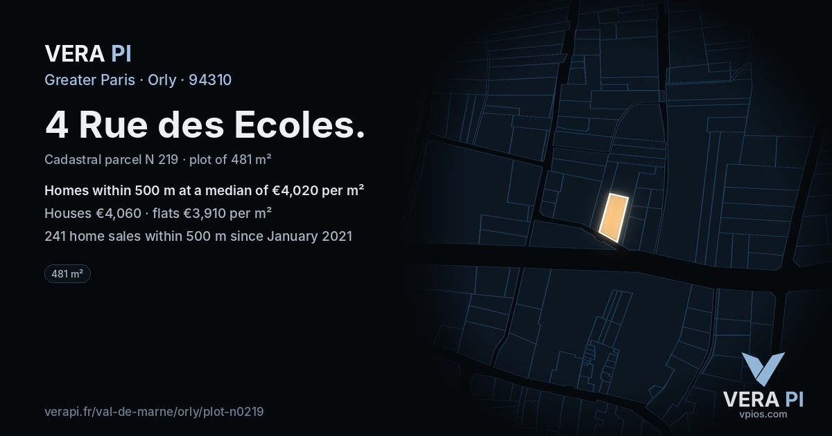 4 Rue des Ecoles, Orly at night – the plot lit, the parcels around coloured by the prices near them