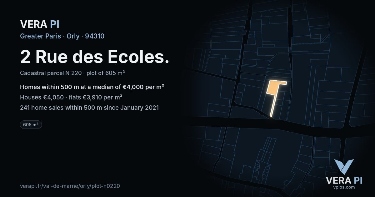 2 Rue des Ecoles, Orly at night – the plot lit, the parcels around coloured by the prices near them