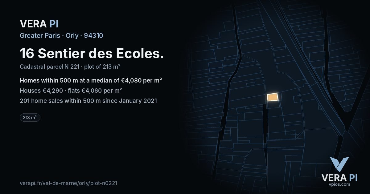 16 Sentier des Ecoles, Orly at night – the plot lit, the parcels around coloured by the prices near them