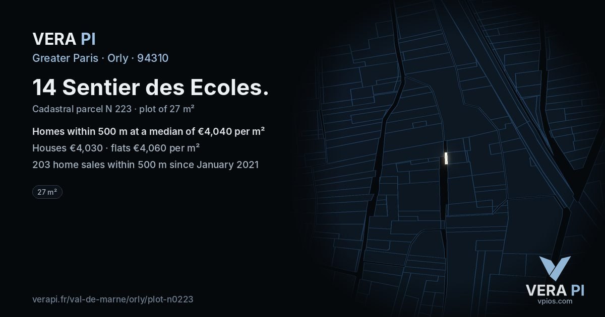 14 Sentier des Ecoles, Orly at night – the plot lit, the parcels around coloured by the prices near them
