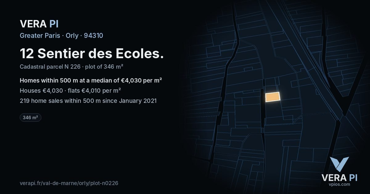 12 Sentier des Ecoles, Orly at night – the plot lit, the parcels around coloured by the prices near them