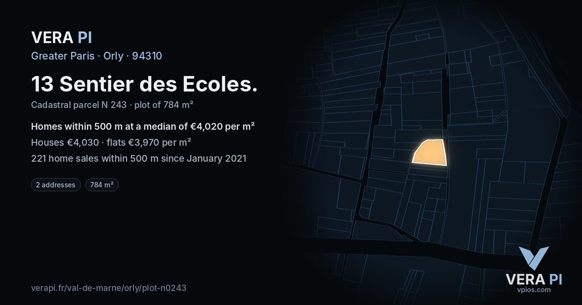 13 Sentier des Ecoles, Orly at night – the plot lit, the parcels around coloured by the prices near them