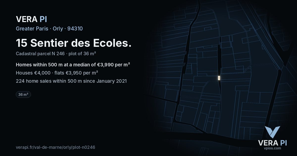 15 Sentier des Ecoles, Orly at night – the plot lit, the parcels around coloured by the prices near them