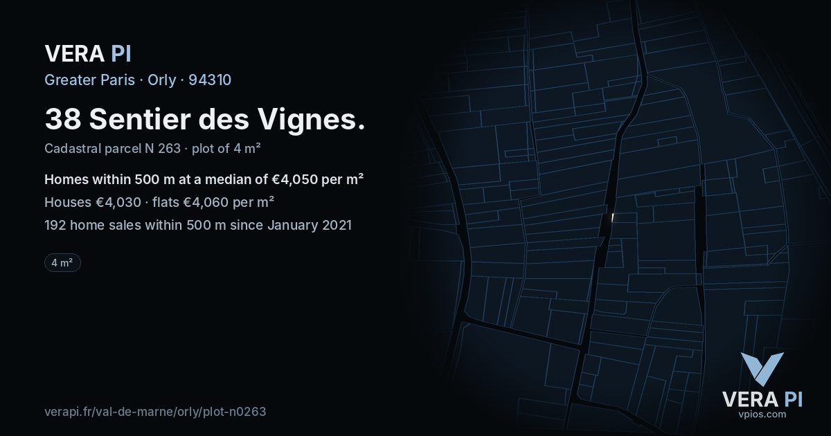 38 Sentier des Vignes, Orly at night – the plot lit, the parcels around coloured by the prices near them