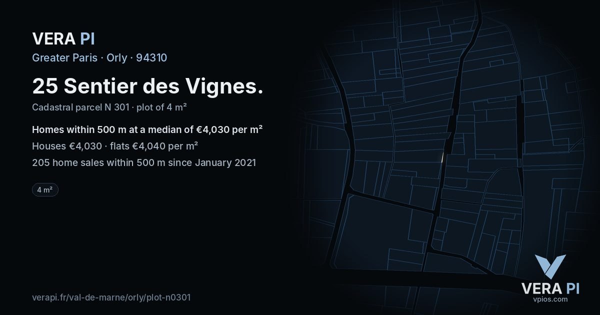 25 Sentier des Vignes, Orly at night – the plot lit, the parcels around coloured by the prices near them