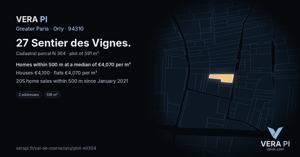 27 Sentier des Vignes, Orly at night – the plot lit, the parcels around coloured by the prices near them