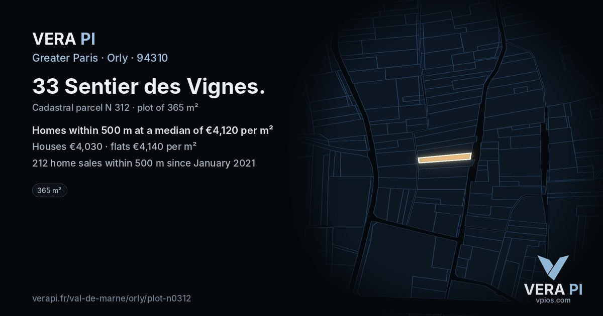 33 Sentier des Vignes, Orly at night – the plot lit, the parcels around coloured by the prices near them