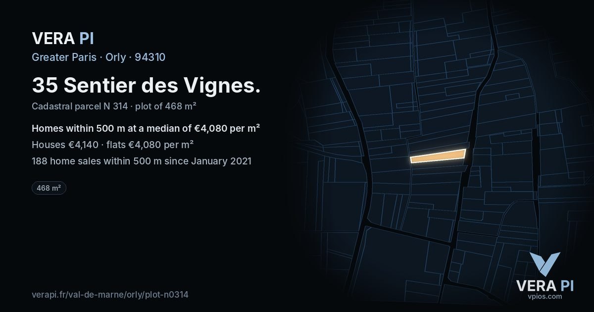 35 Sentier des Vignes, Orly at night – the plot lit, the parcels around coloured by the prices near them