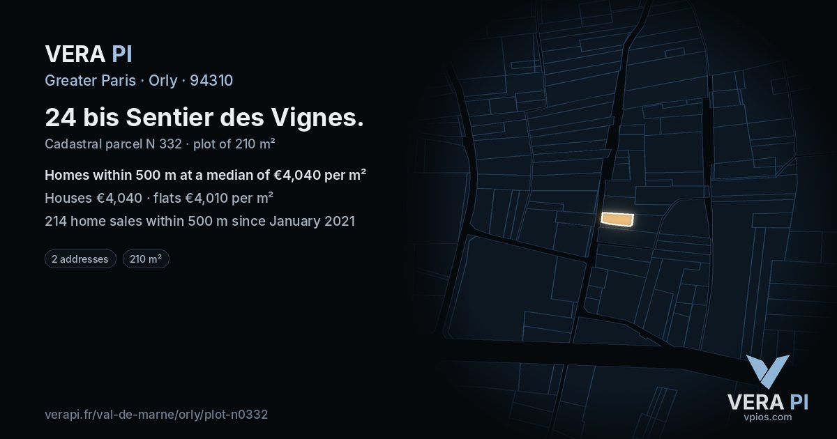 24 bis Sentier des Vignes, Orly at night – the plot lit, the parcels around coloured by the prices near them