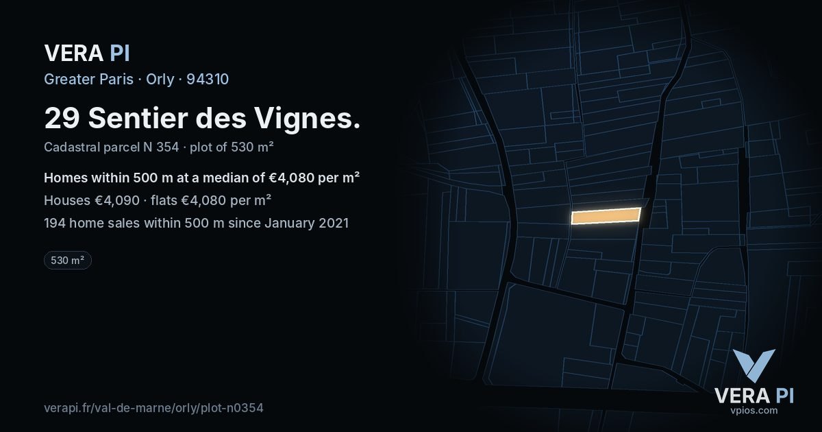 29 Sentier des Vignes, Orly at night – the plot lit, the parcels around coloured by the prices near them