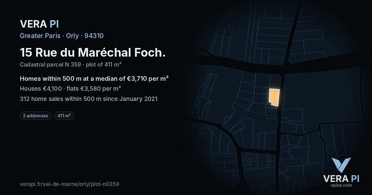15 Rue du Maréchal Foch, Orly at night – the plot lit, the parcels around coloured by the prices near them