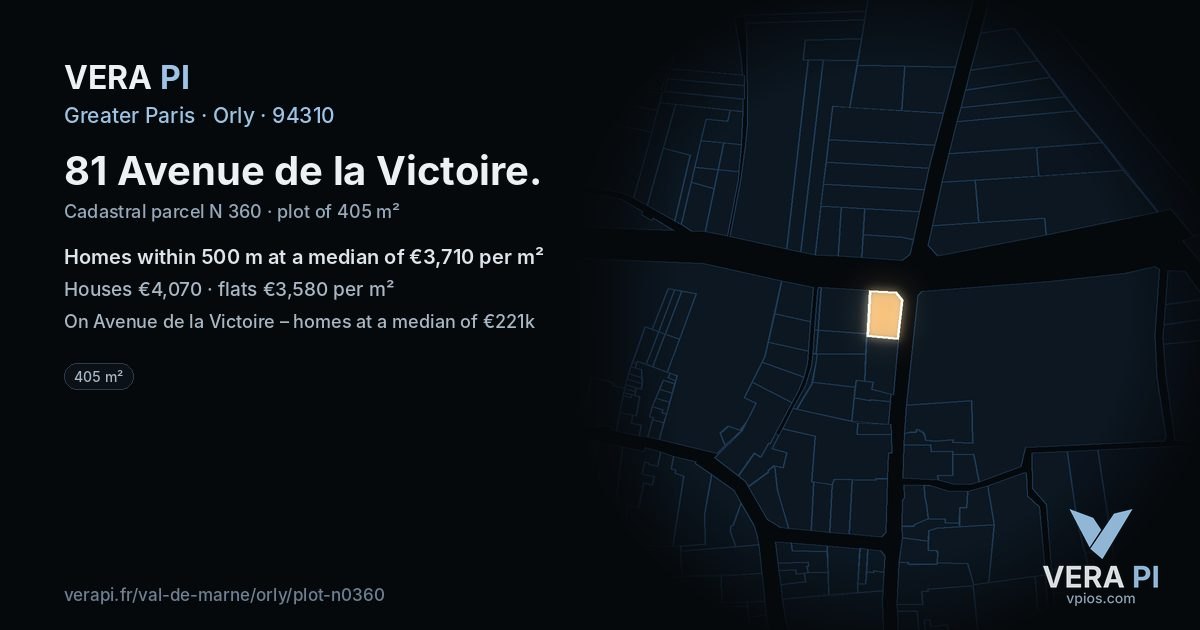 81 Avenue de la Victoire, Orly at night – the plot lit, the parcels around coloured by the prices near them