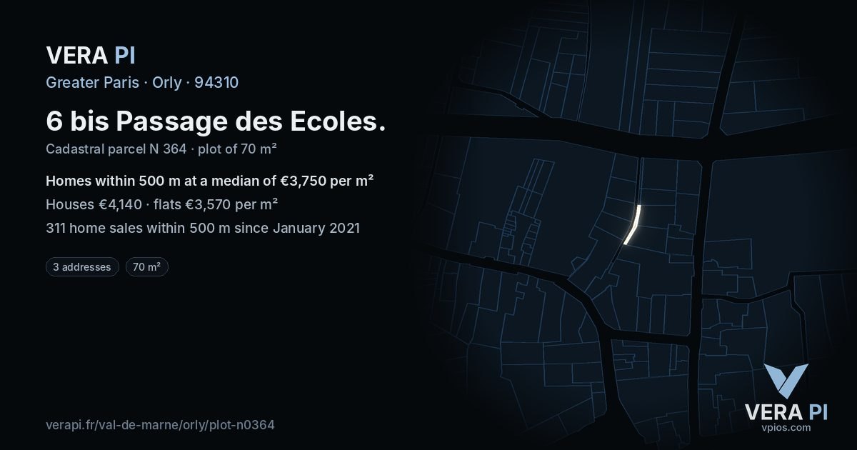 6 bis Passage des Ecoles, Orly at night – the plot lit, the parcels around coloured by the prices near them