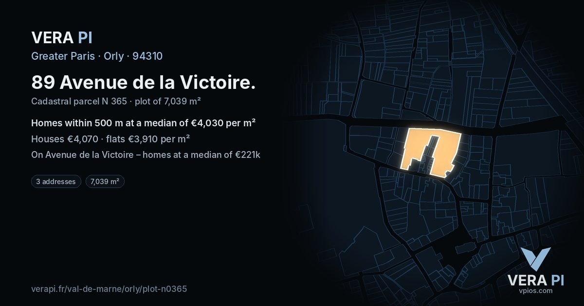 89 Avenue de la Victoire, Orly at night – the plot lit, the parcels around coloured by the prices near them