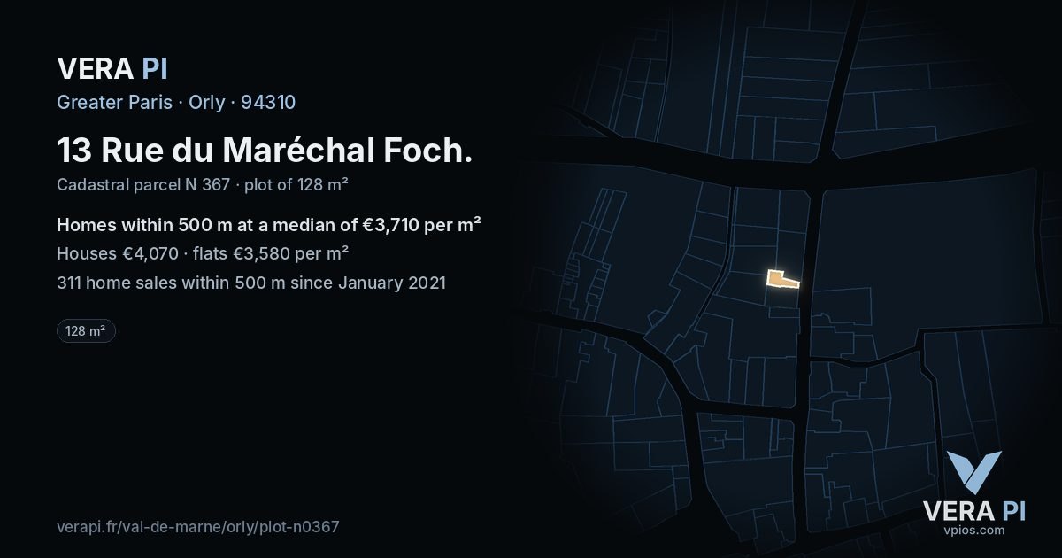 13 Rue du Maréchal Foch, Orly at night – the plot lit, the parcels around coloured by the prices near them
