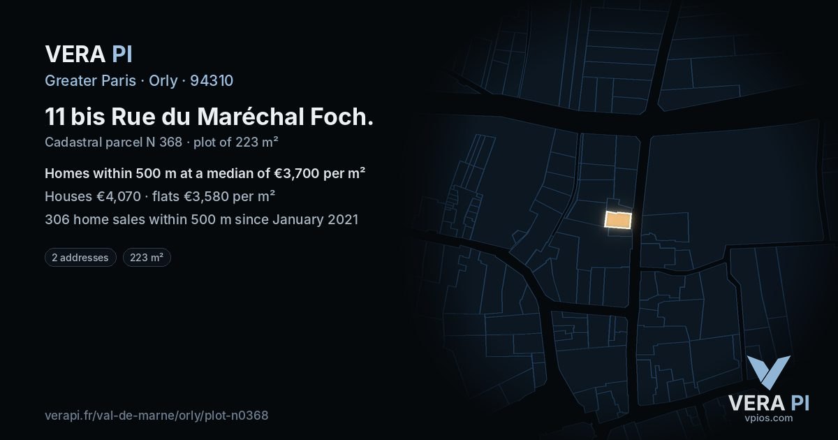 11 bis Rue du Maréchal Foch, Orly at night – the plot lit, the parcels around coloured by the prices near them