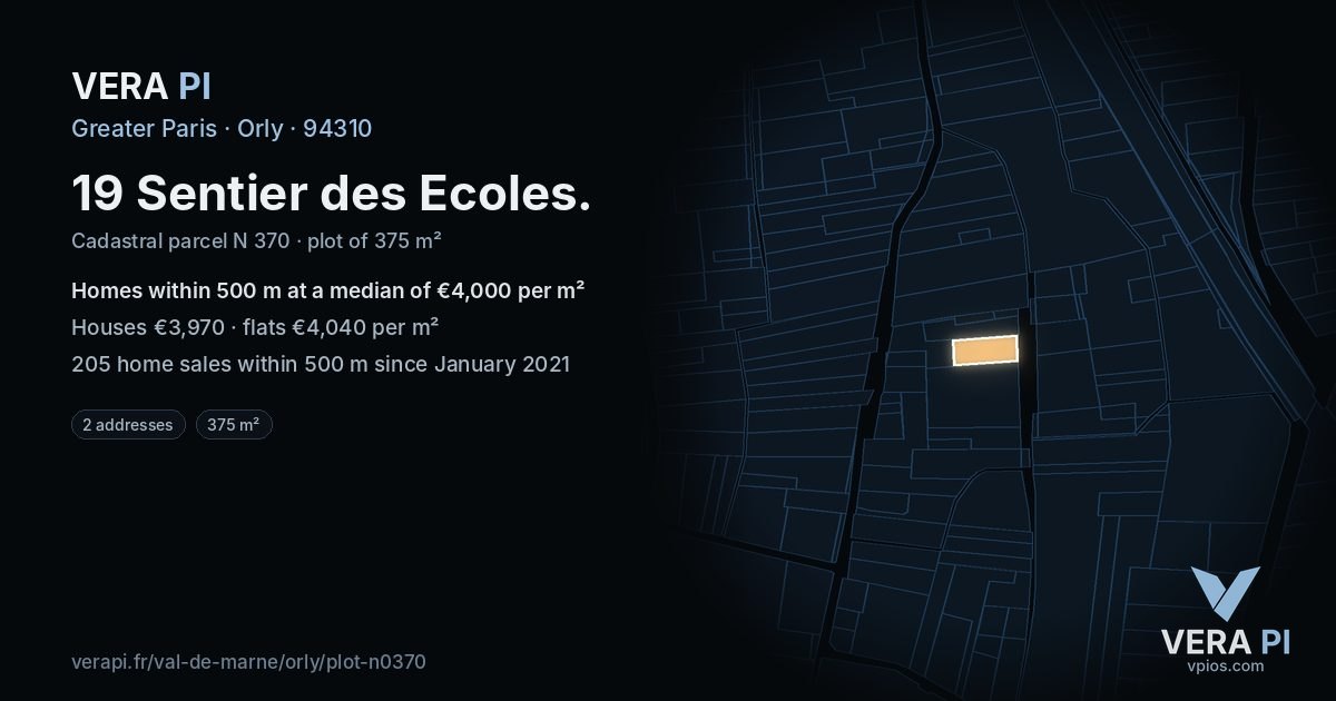 19 Sentier des Ecoles, Orly at night – the plot lit, the parcels around coloured by the prices near them