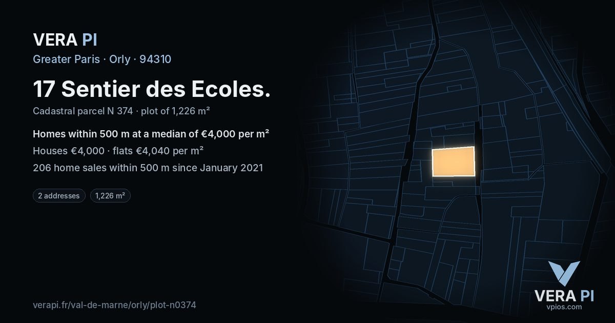 17 Sentier des Ecoles, Orly at night – the plot lit, the parcels around coloured by the prices near them