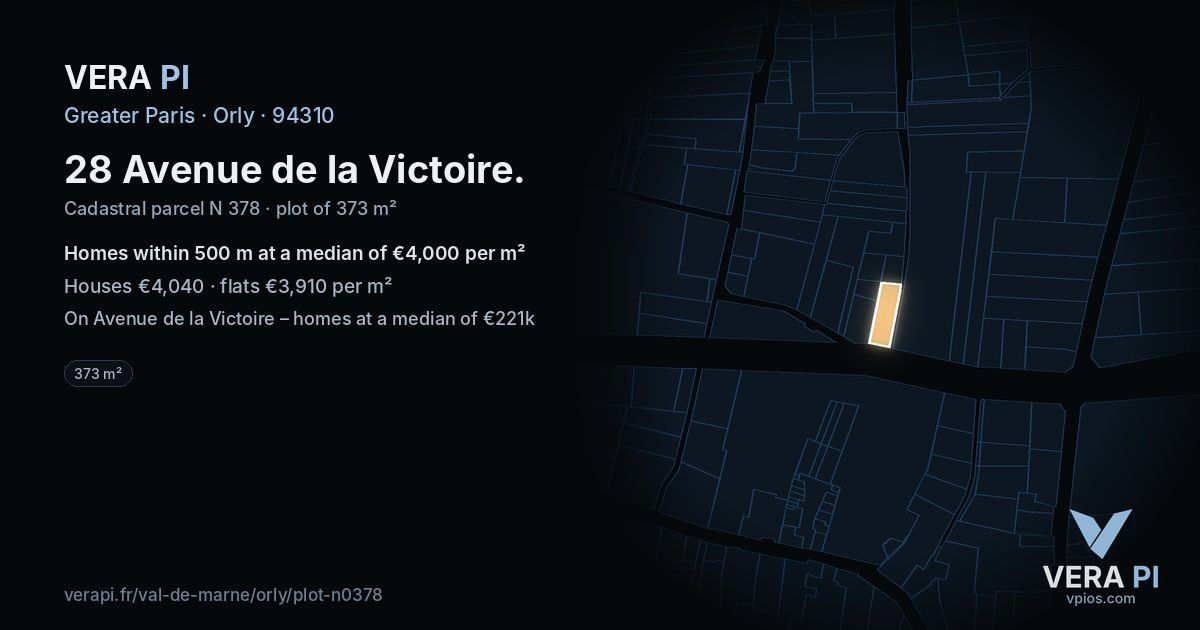 28 Avenue de la Victoire, Orly at night – the plot lit, the parcels around coloured by the prices near them