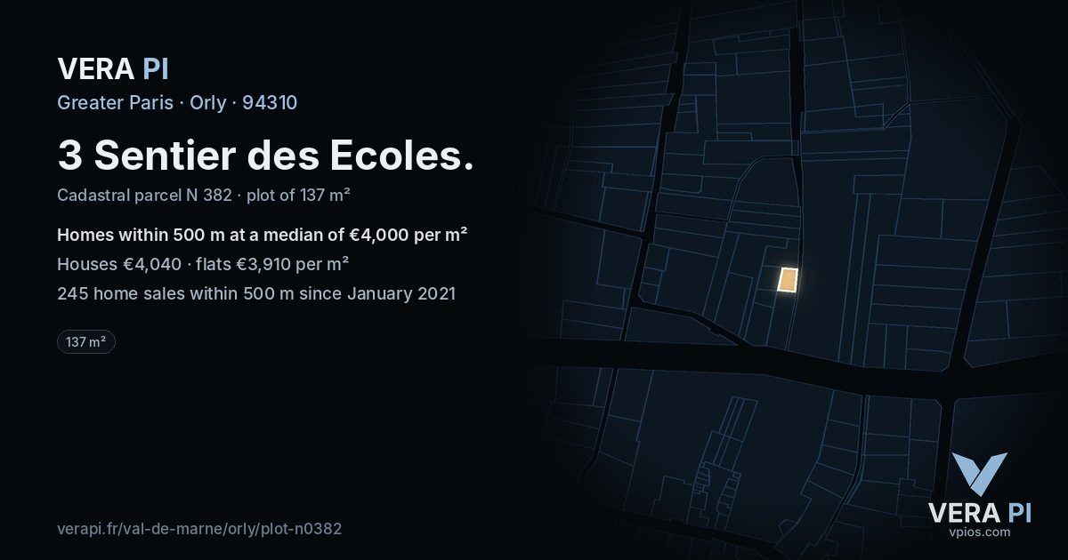 3 Sentier des Ecoles, Orly at night – the plot lit, the parcels around coloured by the prices near them