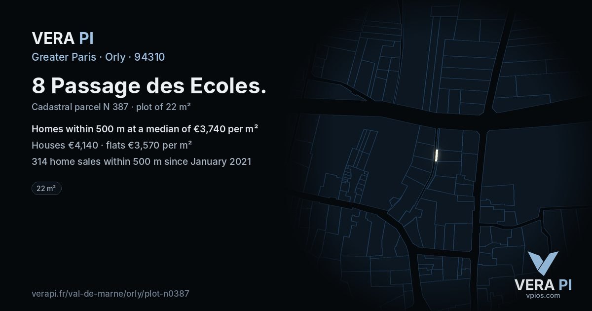 8 Passage des Ecoles, Orly at night – the plot lit, the parcels around coloured by the prices near them