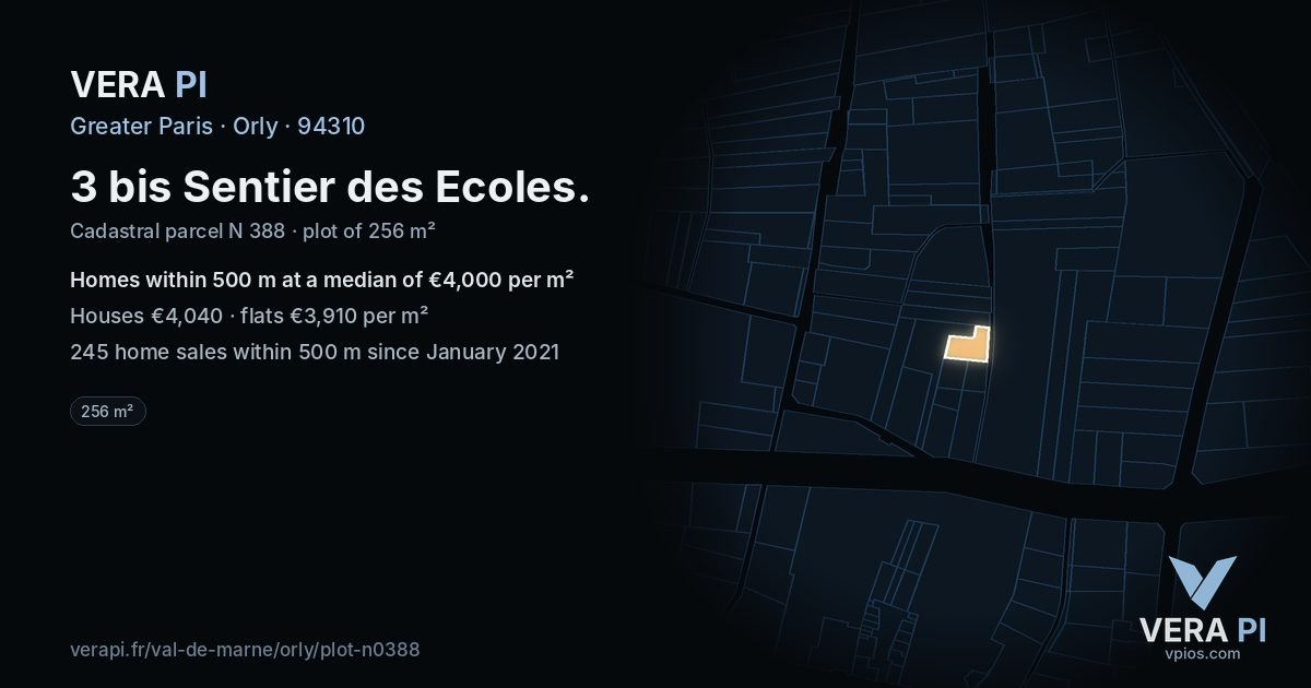 3 bis Sentier des Ecoles, Orly at night – the plot lit, the parcels around coloured by the prices near them