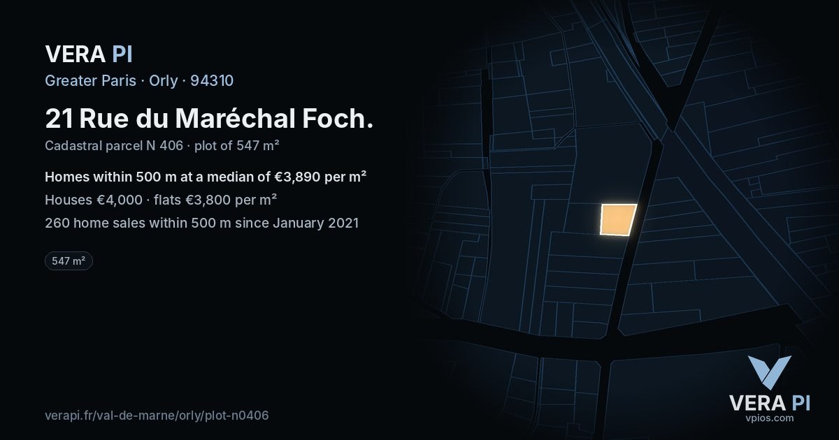 21 Rue du Maréchal Foch, Orly at night – the plot lit, the parcels around coloured by the prices near them