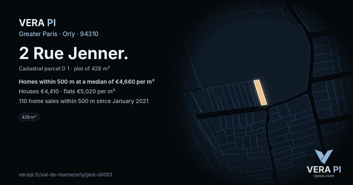 2 Rue Jenner, Orly at night – the plot lit, the parcels around coloured by the prices near them