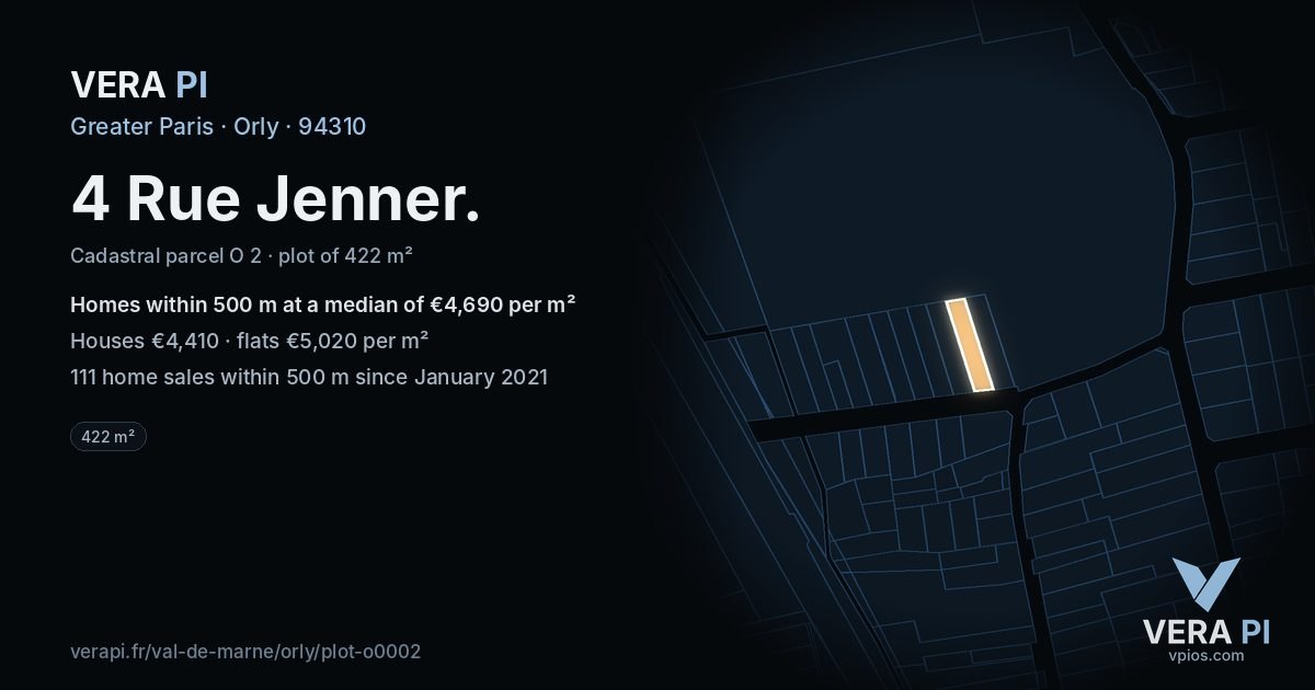 4 Rue Jenner, Orly at night – the plot lit, the parcels around coloured by the prices near them