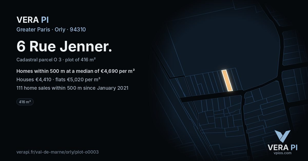 6 Rue Jenner, Orly at night – the plot lit, the parcels around coloured by the prices near them