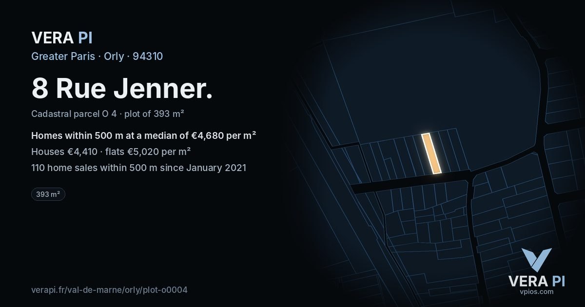 8 Rue Jenner, Orly at night – the plot lit, the parcels around coloured by the prices near them
