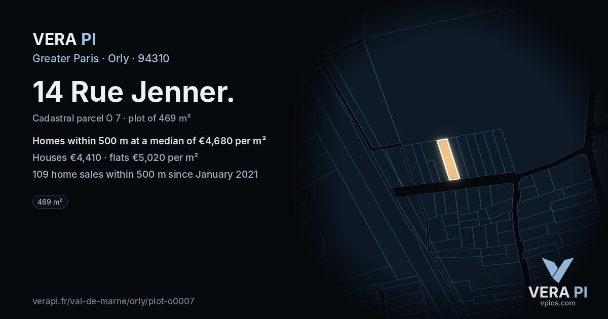 14 Rue Jenner, Orly at night – the plot lit, the parcels around coloured by the prices near them