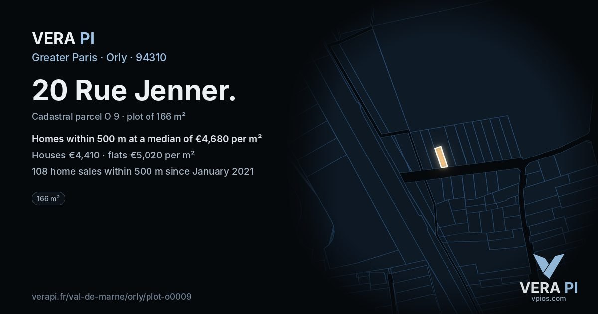 20 Rue Jenner, Orly at night – the plot lit, the parcels around coloured by the prices near them