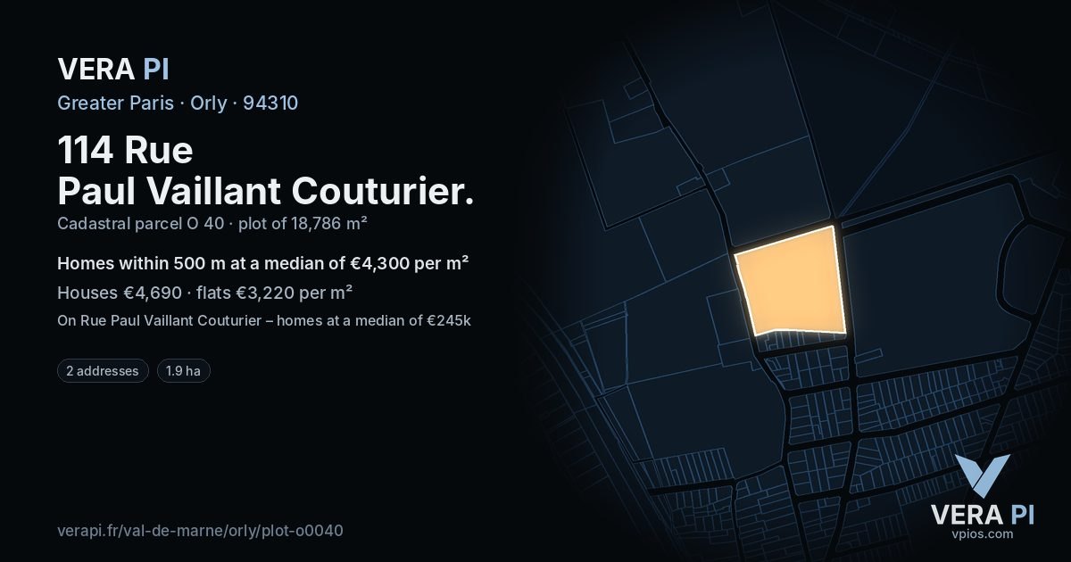 114 Rue Paul Vaillant Couturier, Orly at night – the plot lit, the parcels around coloured by the prices near them