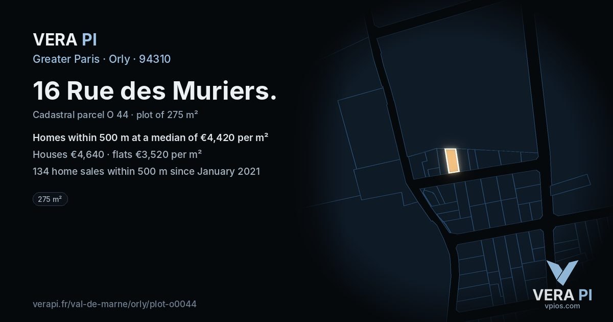 16 Rue des Muriers, Orly at night – the plot lit, the parcels around coloured by the prices near them