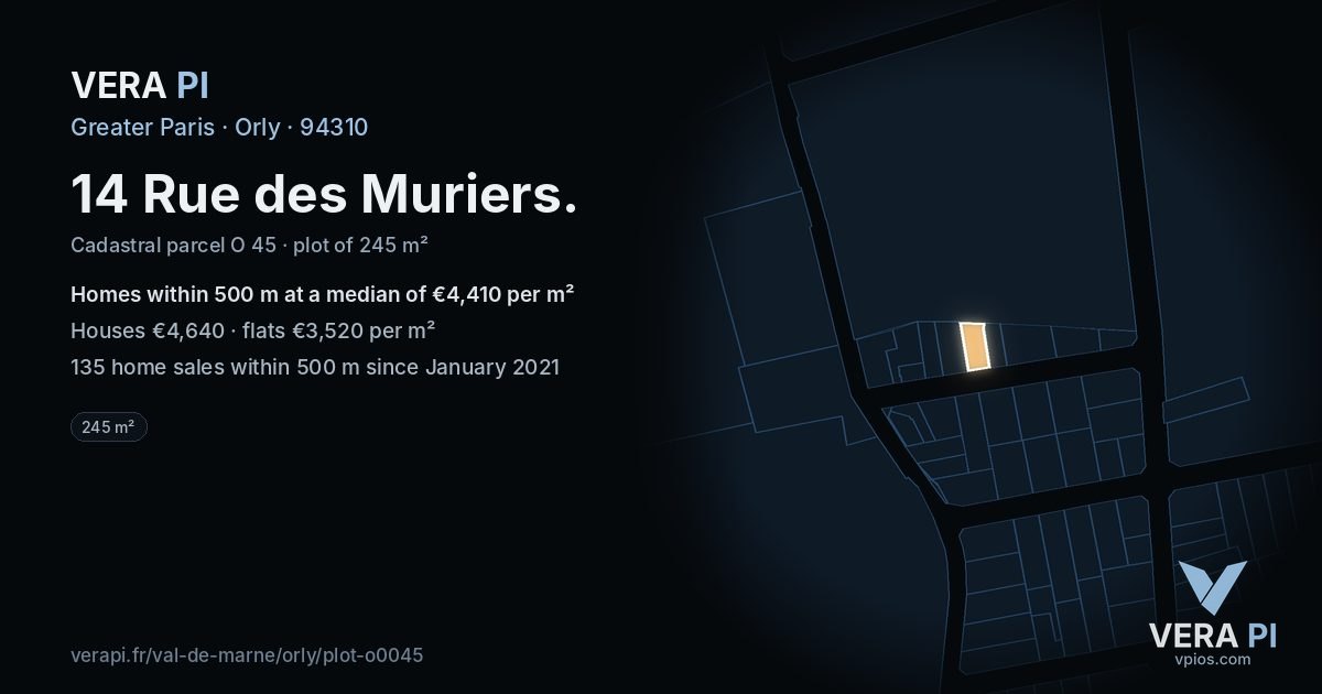 14 Rue des Muriers, Orly at night – the plot lit, the parcels around coloured by the prices near them