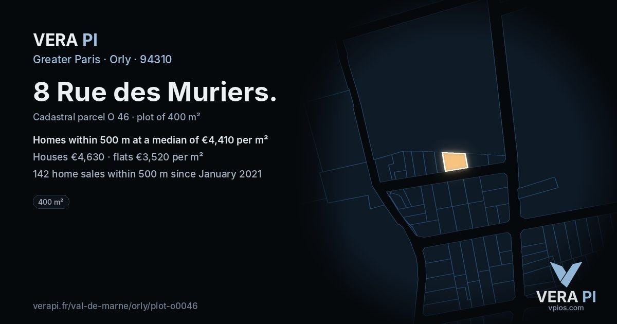 8 Rue des Muriers, Orly at night – the plot lit, the parcels around coloured by the prices near them