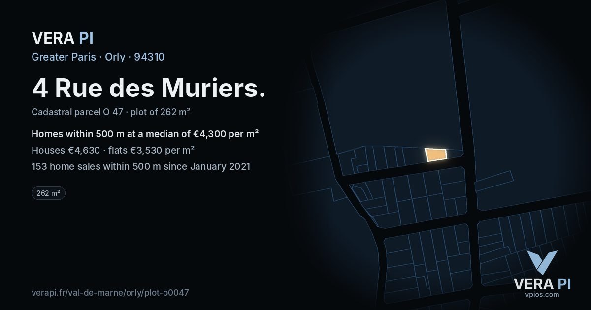 4 Rue des Muriers, Orly at night – the plot lit, the parcels around coloured by the prices near them